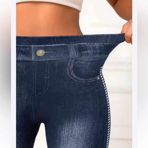 Stretchy faux jeans jeggings w printed faux pockets rhinestones buttons size XS - Picture 2 of 9